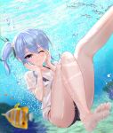  1girl :t bangs bare_legs barefoot bikini bikini_under_clothes blue_eyes blue_hair blue_nails blush breasts bubble collarbone feet fish foot_out_of_frame green_ribbon hands_on_own_cheeks hands_on_own_face hands_up highres hololive hoshimachi_suisei kafca_online leg_up legs long_hair looking_at_viewer nail_polish one_eye_closed ribbon shiny shiny_hair shiny_skin shirt side_ponytail sidelocks skindentation small_breasts soles solo swimsuit t-shirt thighs toenail_polish toenails toes underwater virtual_youtuber white_shirt 