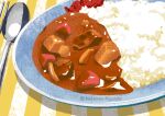  artist_name carrot curry curry_rice food fork nabatame_kazutaka no_humans onion original plate potato radish rice sauce spoon 