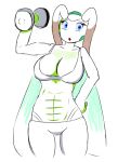  abs antennae_(anatomy) arthropod blue_eyes bottomwear breasts cactuscacti cleavage clothed clothing exercise female grasshopper insect open_mouth orthopterid pants simple_background solo solo_focus weightlifting wings workout 