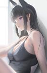  1girl absurdres animal_ears bangs bare_arms bare_shoulders black_hair black_shirt blue_eyes breasts cleavage highres large_breasts lips long_hair medium_breasts mole mole_under_eye original parted_lips shirt sidelocks solo tank_top tokkihouse upper_body 