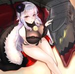 1girl arm_under_breasts azur_lane blush breasts chichikoucha cleavage cloak cloak_removed crossed_legs flower fur_collar fur_trim graf_zeppelin_(azur_lane) graf_zeppelin_(beachside_urd)_(azur_lane) hair_between_eyes hair_flower hair_ornament legs long_hair looking_at_viewer manjuu_(azur_lane) one-piece_swimsuit open_mouth petting red_eyes rigging sitting solo swimsuit very_long_hair white_hair wide_hips 