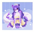  2015 anthro artist_name biped blush breasts cleavage clothed clothing cloud digital_media_(artwork) dress feathered_wings feathers felid female fur hair halo long_hair looking_at_viewer mammal purple_body purple_fur purple_hair re-sublimity-kun red_eyes shaded solo star white_body white_fur wings 