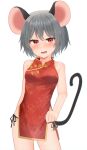  1girl absurdres alternate_costume animal_ears bangs black_panties blush breasts china_dress chinese_clothes commentary_request contrapposto cowboy_shot dakuazu dress grey_hair highres looking_at_viewer medium_breasts mouse_ears mouse_girl mouse_tail nazrin open_mouth panties red_dress red_eyes see-through see-through_dress short_hair side-tie_panties simple_background sleeveless sleeveless_dress solo tail touhou underwear white_background 
