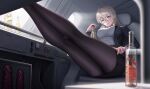  1girl 3v_ju absurdres alcohol bangs belt black_jacket black_pantyhose black_skirt blonde_hair blue_eyes bottle breasts business_suit dildo earrings foot_out_of_frame formal fx-05_(girls&#039;_frontline) fx-05_(soaring_to_the_clouds)_(girls&#039;_frontline) girls&#039;_frontline glasses highres holding holding_bottle jacket jewelry large_breasts legs legs_up long_hair long_sleeves looking_at_viewer office_lady official_alternate_costume open_clothes open_jacket open_mouth pantyhose parted_lips red_lips sex_toy shirt sitting skirt smile solo suit thighs white_shirt 