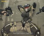  1girl absurdres against_wall arms_behind_head ass_visible_through_thighs at_gunpoint bodysuit breasts bullpup captured chaps covered_abs english_commentary english_text frogs_(metal_gear) glowing glowing_eyes gun health_bar helmet highres impossible_bodysuit impossible_clothes large_breasts metal_gear_(series) metal_gear_solid_4 nisetanaka p90 paid_reward_available skin_tight solo_focus squatting submachine_gun subtitled thick_thighs thighs weapon 