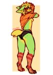  2022 anthro blonde_hair blue_eyes blush breasts canid canine clothed clothing clothing_lift coontail_hair female fox fur green_body green_fur hair mammal panties pawpads paws porncooby red_body red_fur shirt shirt_lift short_hair small_breasts solo standing topwear underwear yellow_body yellow_fur yellow_pawpads 