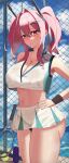  1girl absurdres ass asyux azur_lane ball black_panties bottle breasts bremerton_(azur_lane) bremerton_(scorching-hot_training)_(azur_lane) chain-link_fence cleavage cowboy_shot crop_top crop_top_overhang fence grey_hair hair_between_eyes hair_ornament hand_on_hip heart heart_necklace highres holding holding_racket jewelry large_breasts long_hair looking_at_viewer microskirt mole mole_on_breast mole_under_eye multicolored_hair nail_polish navel necklace panties pantyshot pink_eyes pink_hair pink_nails racket shirt skirt sleeveless sleeveless_shirt solo sportswear standing streaked_hair sweat tennis_ball tennis_racket tennis_uniform twintails two-tone_hair two-tone_shirt two-tone_skirt undersized_clothes underskirt underwear water_bottle x_hair_ornament 