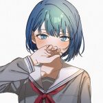  1girl bangs blue_eyes blue_hair blush commentary_request iwawa kiritani_haruka long_sleeves looking_at_viewer neckerchief project_sekai red_neckerchief sailor_collar school_uniform serafuku short_hair simple_background smile solo upper_body white_background white_sailor_collar 