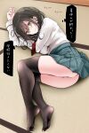  1girl @_@ ass bangs black_hair black_thighhighs breasts green_eyes highres long_hair lying necktie on_side oouso original panties pink_panties pleated_skirt school_uniform skirt solo sweatdrop tatami teeth thighhighs translated underwear 