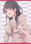  1girl akane-banashi black_hair breasts earrings gradient_hair highres jewelry jinguu_(timaya) long_hair medium_breasts multicolored_hair osaki_akane_(akane-banashi) pink_eyes pointing red_ribbon ribbon school_uniform solo tongue tongue_out upper_body yagasuri 