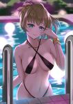  1girl black_one-piece_swimsuit blue_eyes bracelet breasts breasts_apart green_eyes green_hair highres idolmaster idolmaster_cinderella_girls jewelry kamoromance614 looking_at_viewer medium_breasts mole mole_under_eye navel pool pool_ladder reflection slingshot_swimsuit smile solo swimsuit takagaki_kaede upper_body water_drop 