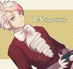  1boy ahoge ascot black_gloves bow bowtie cursed_musician formal gloves grey_eyes happy_birthday highres long_sleeves looking_at_viewer male_focus maou-jou_de_oyasumi multicolored_hair ranchu000 red_hair red_suit short_hair simple_background solo streaked_hair suit upper_body white_ascot white_bow white_bowtie yellow_background 