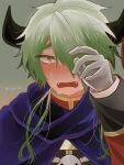  1boy :o artist_name bangs black_horns blush cape crying crying_with_eyes_open demon_horns demon_king_tasogare fangs gloves green_hair hair_over_one_eye horns ituki321 long_sleeves looking_at_viewer male_focus maou-jou_de_oyasumi simple_background tears white_gloves 