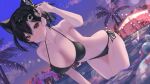  1girl animal_ear_fluff animal_ears arisaki_(cnxy7525) bare_arms bare_shoulders beach bikini black_bikini black_hair blurry blush bokeh breasts cat_ears collarbone depth_of_field eyelashes frown gazebo hair_between_eyes hair_tucking halterneck hexagon_hair_ornament highres large_breasts leaning_forward lens_flare looking_at_viewer medium_hair mitsurugi_lia navel palm_tree partially_submerged red_eyes side-tie_bikini_bottom standing stomach string_of_light_bulbs sunset swimsuit tree twilight two_side_up virtual_youtuber wactor_production water wet 