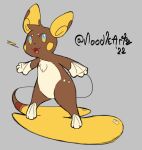  alolan_form alolan_raichu big_tail blue_eyes brown_body brown_fur chest_tuft cream_belly digital_media_(artwork) fur head_tuft hi_res hip_markings leg_markings lightning_bolt lucy_(noodleartz) mammal markings mouse murid murine nintendo noodleartz open_mouth open_smile pawbs pokemon pokemon_(species) regional_form_(pok&eacute;mon) rodent round_ears smile spread_legs spreading surfing tail_surfing tuft video_games 