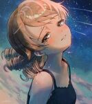  1girl absurdres black_camisole blonde_hair blush camisole comet drill_hair earrings highres idolmaster idolmaster_cinderella_girls jewelry looking_at_viewer morikubo_nono signature sky smile solo star_(sky) starry_sky stud_earrings teardrop tears upper_body yukinuno_jelly 