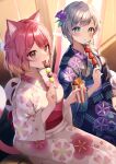  2girls :d :o animal_ears black_kimono blush braid brown_eyes cat_ears cat_girl cat_tail commentary_request copyright_request fang floral_print flower food green_eyes grey_hair hair_flower hair_ornament hair_over_shoulder highres holding holding_food japanese_clothes kimono long_hair long_sleeves looking_at_viewer momoshiki_tsubaki multiple_girls obi parted_lips print_kimono purple_flower red_hair sash single_braid sitting smile tail virtual_youtuber white_kimono wide_sleeves yukata 