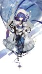  1girl annnnq arknights astesia_(arknights) astesia_(starseeker)_(arknights) belt blue_eyes blue_hair breasts bright_pupils cleavage dark_blue_hair dress earth_(planet) frills gloves high_heels holding holding_sword holding_weapon layered_dress long_hair looking_at_viewer planet smile solo space_print star_(symbol) starry_sky_print sword telescope weapon white_background white_pupils 