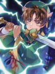  1boy blurry blurry_background brown_eyes brown_hair building cardcaptor_sakura city electricity green_headwear highres holding holding_sword holding_weapon li_xiaolang looking_at_viewer magical_boy solanya solo standing sword twitter_username weapon 