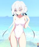  1girl beach blue_eyes blue_sky bottle commentary_request competition_swimsuit cowboy_shot day highleg highleg_swimsuit highres horizon konno_junko looking_at_viewer low_twintails ocean one-piece_swimsuit outdoors pirochi sky solo standing swimsuit twintails waves white_hair white_one-piece_swimsuit zombie_land_saga 