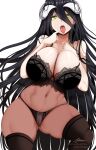  1girl albedo_(overlord) astraea_(atelierastraea) black_hair breasts hair_between_eyes highres horns large_breasts lingerie looking_at_viewer overlord_(maruyama) shiny shiny_hair shiny_skin solo thighhighs tongue tongue_out underwear yellow_eyes 