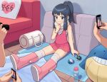  1girl 3others bag bangs black_hair blue_eyes boots bottle bracelet camera cellphone character_print chiwino commentary_request cushion dawn_(pokemon) dive_ball dress duffel_bag eyelashes goomy hand_up heart heart_print holding holding_camera holding_phone indoors jewelry long_hair multiple_others net_ball over-kneehighs phone pink_dress pink_footwear poke_ball pokemon pokemon_(game) pokemon_dppt pokemon_platinum ponytail scarf sidelocks sitting smile taking_picture themed_object thighhighs towel unown wailmer white_scarf 