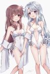  2girls alternate_costume anchor_ornament asymmetrical_bangs azur_lane bangs breasts brown_eyes brown_hair casual_one-piece_swimsuit commission cosplay covered_navel frilled_swimsuit frills grey_hair highleg highleg_swimsuit highres ice_cream_(aisu_aisu_9898) kantai_collection kisaragi_(kancolle) long_hair multiple_girls navel official_alternate_costume one-piece_swimsuit one_eye_closed purple_eyes sagiri_(kancolle) sagiri_(kancolle)_(cosplay) shawl side-tie_swimsuit small_breasts swept_bangs swimsuit takao_(azur_lane) takao_(azur_lane)_(cosplay) takao_(beach_rhapsody)_(azur_lane) white_one-piece_swimsuit white_shawl 