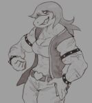 abs anthro armband biceps big_biceps big_muscles bottomwear bracelet cerebropodrido clothing deltarune denim denim_clothing female flexing flexing_bicep greyscale hi_res jeans jewelry looking_at_viewer monochrome muscular muscular_female pants scalie shirt solo spiked_armband spiked_bracelet spikes susie_(deltarune) tight_clothing topwear undershirt undertale_(series) vest video_games 