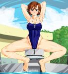  1girl arms_behind_head barefoot blue_eyes blue_sky breasts brown_eyes chain-link_fence cleavage cloud day fence highleg highleg_swimsuit houin_kyouko kodomo_no_jikan large_breasts looking_at_viewer outdoors qkat_(arikawa-dou) short_hair sitting sky solo starting_block swimsuit water whistle whistle_around_neck 