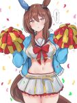  1girl :o admire_vega_(umamusume) animal_ears bangs belt belt_buckle blue_jacket bow breasts brown_belt brown_hair buckle commentary_request confetti cosplay cowboy_shot crop_top hair_between_eyes hands_up highres holding horse_ears horse_girl horse_tail jacket long_hair looking_at_viewer medium_breasts midriff navel nice_nature_(run&amp;win)_(umamusume) nice_nature_(umamusume) nice_nature_(umamusume)_(cosplay) nyakonro_(nekonro) open_clothes open_jacket parted_lips pink_eyes pleated_skirt pom_pom_(cheerleading) red_bow roar_yell!_tracen_academy_cheerleading_squad_(umamusume) shirt simple_background skirt solo tail thigh_gap translation_request umamusume white_background white_shirt white_skirt 