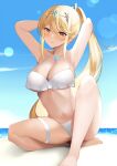  1girl alternate_costume alternate_hairstyle armpits arms_behind_head arms_up bangs bare_shoulders beach bikini blonde_hair blue_sky blush breasts chest_jewel cleavage collarbone daive headpiece highres large_breasts long_hair mythra_(xenoblade) navel open_mouth ponytail shore sky smile solo swept_bangs swimsuit thigh_strap tiara very_long_hair white_bikini xenoblade_chronicles_(series) xenoblade_chronicles_2 yellow_eyes 