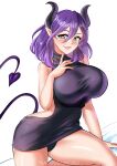  1girl absurdres bangs blush breasts cleavage collarbone demon_girl demon_horns demon_tail dress hair_between_eyes hand_on_own_face highres horns huge_breasts katou_shinobu kinsou_no_vermeil large_breasts looking_at_viewer open_mouth parted_lips partially_submerged pointy_ears purple_hair red_eyes short_hair simple_background sleeveless sleeveless_sweater sleeveless_turtleneck sleeveless_turtleneck_dress smile solo sweater tail thighs turtleneck turtleneck_dress turtleneck_sweater vermeil_(kinsou_no_vermeil) 
