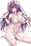  1girl :q arm_strap bare_shoulders barefoot bead_bracelet beads between_breasts bracelet breasts cleavage clothing_cutout fate/grand_order fate_(series) flower hair_flower hair_ornament hands_up highleg highleg_swimsuit highres holding_ice_cream ice_cream_cone jewelry large_breasts long_hair navel purple_hair r-binon red_eyes revealing_clothes scathach_(fate) scathach_skadi_(fate) scathach_skadi_(swimsuit_ruler)_(fate) scathach_skadi_(swimsuit_ruler)_(third_ascension)_(fate) see-through simple_background sitting solo swimsuit thighs tongue tongue_out veil white_background white_flower white_one-piece_swimsuit 