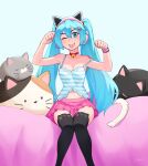  1girl ;p absurdres animal_ear_legwear animal_ears artist_name bangs bare_shoulders bell black_thighhighs blue_eyes blue_hair breasts cat_ear_headphones cat_ear_legwear cat_ears cat_girl cat_pillow cat_tail choker collarbone commentary hair_between_eyes hair_ornament hairclip hands_up hatsune_miku headphones highres jingle_bell kemonomimi_mode long_hair looking_at_viewer medium_breasts midriff_peek navel neck_bell one_eye_closed paw_pose pink_skirt pleated_skirt red_choker rob_ishi shoulder_tattoo sitting skirt smile solo strap_slip tail tattoo thighhighs tongue tongue_out twintails very_long_hair vocaloid wristband 