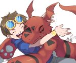  1boy blue-tinted_eyewear body_markings brown_hair closed_eyes closed_mouth creature digimon digimon_(creature) digimon_tamers facial_mark goggles goggles_on_head grey_background guilmon happy highres hood hood_down hug male_focus matsuda_takato open_mouth signature simple_background smile teeth tinted_eyewear tongue upper_teeth wristband yellow-framed_eyewear yellow_wristband youzaiyouzai112 