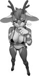  2022 anthro antlers arm_under_breasts big_breasts bikini breasts cervid clothing cloven_hooves eyelashes female fur glistening glistening_breasts hi_res hooves horn mammal monochrome natsu_(natsu_o3o) navel nipple_outline pgm300 side-tie_bikini solo swimwear 