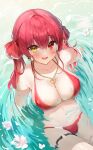  1girl bikini breasts earrings flower hair_between_eyes hair_ribbon heart heart_earrings heart_necklace heterochromia highres hololive houshou_marine iop5509 jewelry large_breasts long_hair looking_at_viewer necklace open_mouth partially_submerged red_bikini red_eyes red_ribbon ribbon sharp_teeth smile swimsuit teeth thigh_strap twintails upper_teeth virtual_youtuber water wet yellow_eyes 