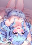  1girl :d bang_dream! bangs bare_legs bare_shoulders blue_dress blue_hair blush breasts cleavage dress feet_out_of_frame hair_ornament hair_ribbon highres indoors long_hair looking_at_viewer lying matsubara_kanon medium_breasts off-shoulder_dress off_shoulder on_back on_bed one_side_up open_mouth purple_eyes ribbon rustysalmon shadow shiny shiny_skin short_sleeves sidelocks smile solo thigh_gap thighs 