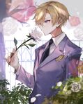  1boy absurdres bishounen black_necktie blazer blonde_hair collared_shirt fence flower highres holding holding_flower jacket male_focus necktie ouran_high_school_host_club ouran_high_school_uniform purple_eyes purple_jacket rose school_uniform shirt solo sparkle standing suou_tamaki u-sama_(u_summer0719) white_flower white_rose white_shirt 