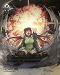 1girl armpits arms_behind_head artist_request asymmetrical_legwear bangs black_gloves black_thighhighs blush breasts brown_eyes brown_hair camouflage camouflage_jacket character_name cleavage copyright_name fire full_body girls&#039;_frontline gloves green_shirt green_shorts highres jacket large_breasts long_hair looking_at_viewer mod3_(girls&#039;_frontline) official_art on_floor open_clothes open_jacket open_mouth promotional_art shirt shorts simple_background smoke solo teardrop thighhighs torn_clothes torn_jacket torn_shirt type_56-1_(girls&#039;_frontline) weapon_case wide_sleeves 