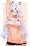  1girl abs absurdres bare_arms black_shorts breasts commission deccatezu hair_between_eyes highres horns light_blush long_hair looking_at_viewer multiple_horns short_shorts shorts sidelocks smile solo stomach underboob undressing vei_(vtuber) virtual_youtuber vshojo white_hair 