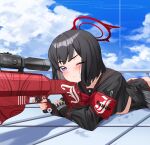  1girl absurdres anti-materiel_rifle anzio_ironworks_20mm_rifle armband ass bangs black_hair black_serafuku black_wings blue_archive blue_sky bow closed_mouth cloud day ddog fingerless_gloves gloves gun halo highres holding holding_gun holding_weapon long_sleeves looking_away low_wings lying mashiro_(blue_archive) miniskirt on_stomach one_eye_closed pleated_skirt purple_eyes red_bow rifle school_uniform serafuku short_hair skirt sky sniper_rifle solo sweat weapon wings 