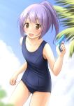  1girl :d bangs bare_arms bare_shoulders blue_one-piece_swimsuit blue_sky blurry blurry_background blurry_foreground blush brown_eyes cloud collarbone commentary_request day depth_of_field hand_up highres holding looking_at_viewer old_school_swimsuit original outdoors palm_tree ponytail purple_hair school_swimsuit shibacha sky smile solo swimsuit tree water_gun 