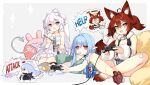  3girls :d axe bag_of_chips bangs bare_arms bare_shoulders barefoot belt belt_buckle black_belt black_dress blue_hair blue_shorts book brown_eyes buckle chibi chips chopsticks commentary_request controller criss-cross_halter crossed_bandaids cup cup_ramen demon_girl demon_horns demon_tail demon_wings diagonal_stripes disposable_cup dress fang food food_in_mouth fur-trimmed_shorts fur_trim furry furry_female game_controller hair_between_eyes halterneck head_bump holding holding_axe holding_book holding_chopsticks holding_controller holding_cup horns long_hair low_wings magic mofetousu_furuna mouth_hold multiple_girls nail_polish open_book original pink_wings playing_games potato_chips purple_eyes red_eyes red_hair red_nails saru short_shorts shorts sitting sleeveless sleeveless_dress slit_pupils smile soles sparkle striped sweat tail twintails very_long_hair white_dress white_hair wings 