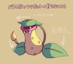  arrow_(symbol) black_eyes brown_background commentary_request fangs full_body leaf misowhite no_humans plant pokemon pokemon_(creature) solo translation_request victreebel vines 
