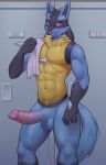  abs absurd_res aidensuyen17 anthro balls bedroom_eyes big_penis chest_spike circumcised claws erection generation_4_pokemon genitals hi_res huge_penis locker_room lucario male muscular muscular_male narrowed_eyes nintendo nude pecs penis pokemon pokemon_(species) seductive smile solo spikes spikes_(anatomy) towel_on_shoulder video_games 