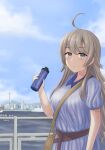  1girl ahoge artist_name blue_dress blue_sky bottle cityscape cloud dated day dress grey_eyes grey_hair highres kantai_collection long_hair looking_at_viewer nnm official_alternate_costume outdoors sky solo upper_body washington_(kancolle) 