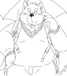  2022 anthro blush bottomwear canid canine canis clothed clothing domestic_dog fugashi4090 kemono male mammal overweight overweight_male pants shirt sketch solo topwear umbrella 