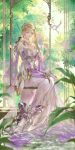  1girl absurdres bird blonde_hair bug butterfly detached_collar douluo_dalu dress fern flying full_body hair_ornament highres long_hair mo_jin_(n/a) qian_renxue_(douluo_dalu) second-party_source sitting smile solo swing_set vegetation water white_dress 