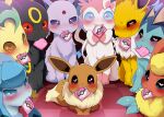  blush condom condom_in_mouth condom_wrapper dagashi_(daga2626) eevee embarrassed espeon evolutionary_line fangs flareon forehead_jewel glaceon head_fins heart heart-shaped_pupils highres jolteon leafeon looking_at_viewer mouth_hold no_humans poke_ball_symbol pokemon pokemon_(creature) smile sylveon symbol-shaped_pupils umbreon vaporeon wavy_mouth 